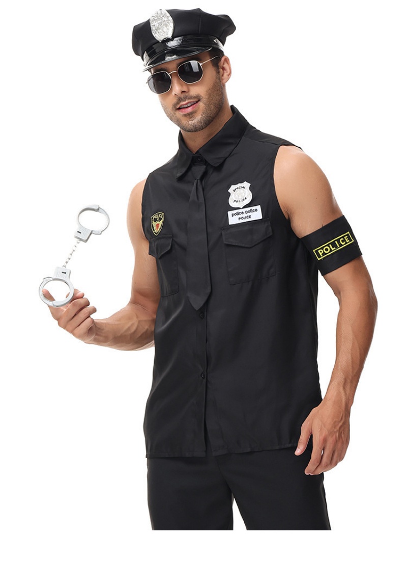 Mens Police Officer Costume Set Halloween Cop Cosplay Sleeveless Uniform Set